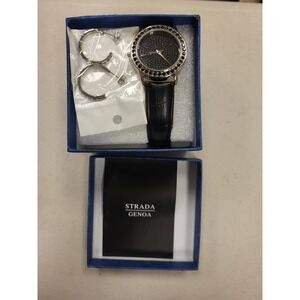 Strada Genoa Watchβ Earrings Set Women Fashion Jewelry Black Band Rhinestone